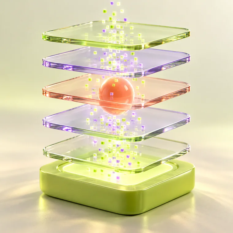 Translucent layers and glowing pixels illustrating retained composition