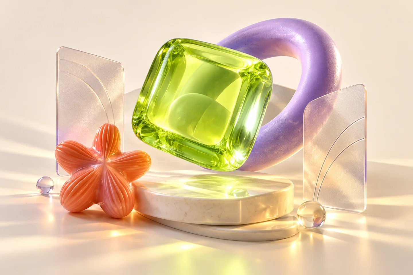 Lime glass cube, lavender torus and coral star exploring light, transparency and materials