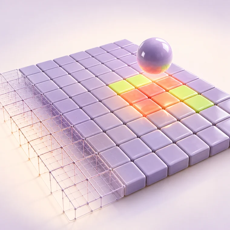 A small group of illuminated tiles in a lavender surface illustrating selective redraws